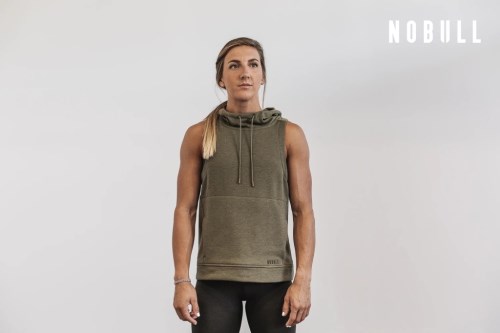 NOBULL Microplush Womens Sleeveless Hoodie Olive UK-PVJ05
